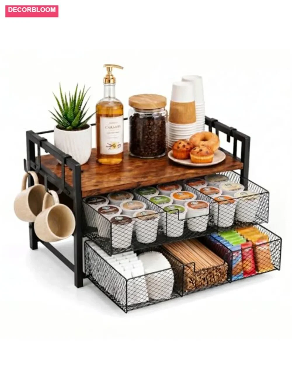 Rustic Brown Coffee Station Organizer with 2 Drawers and Hooks, Holds 36 K